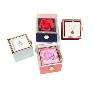 Four AYOYO rose keepsake gift boxes open on a white background