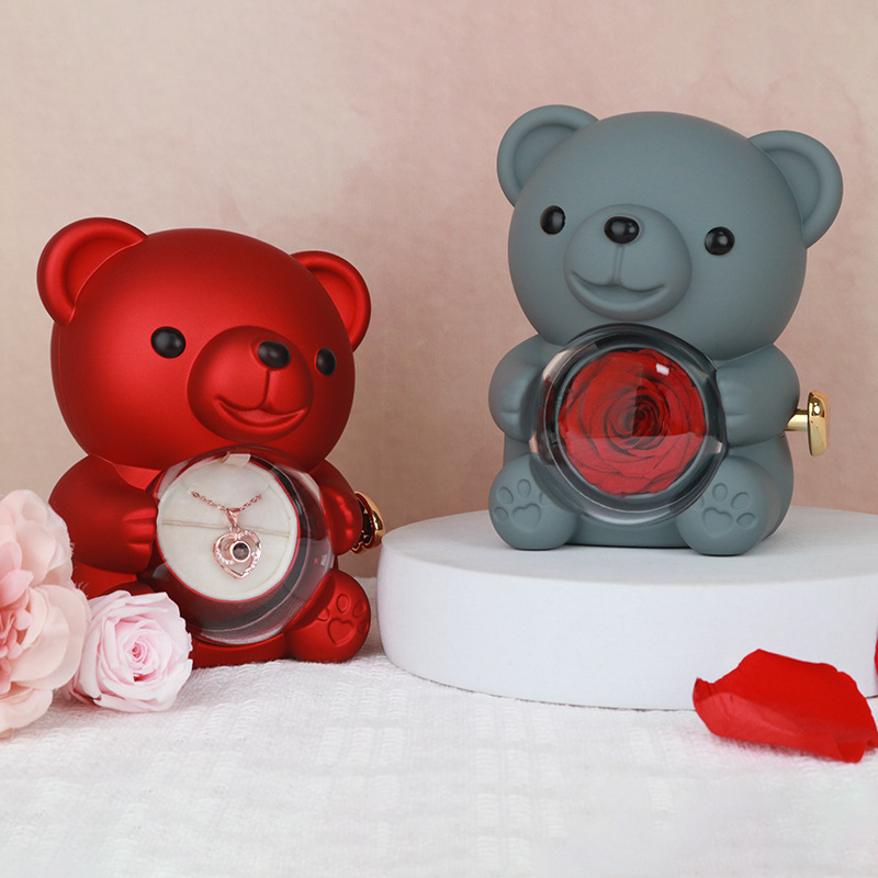Rose Teddy Bear Keepsake Box with Clear Dome and Gift Bag - in use