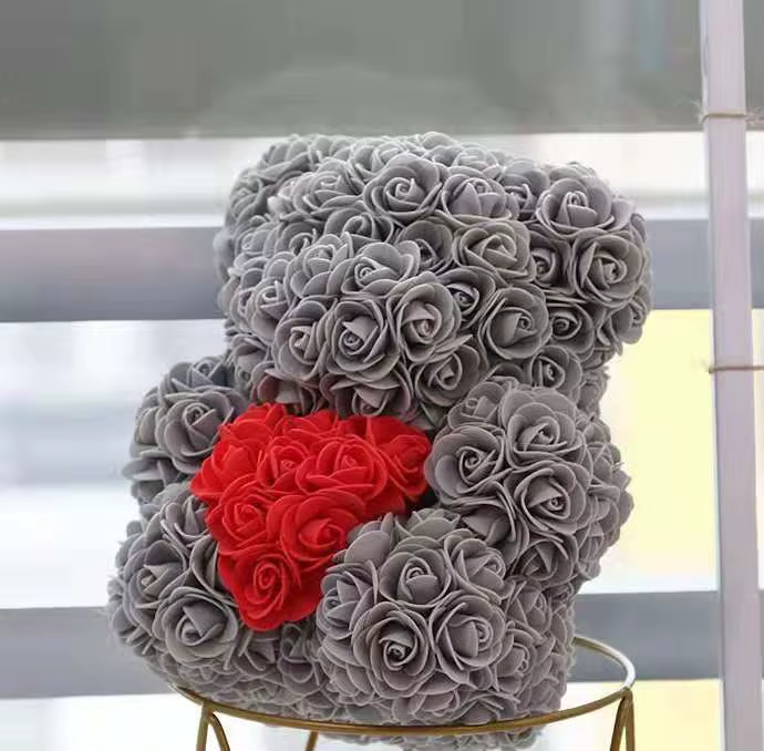 Rose Flower Teddy Bear with Heart in Clear Gift Box