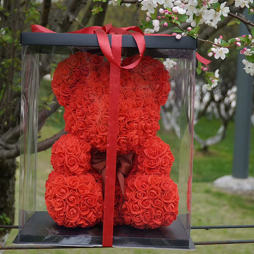Rose Flower Teddy Bear with Heart in Clear Gift Box
