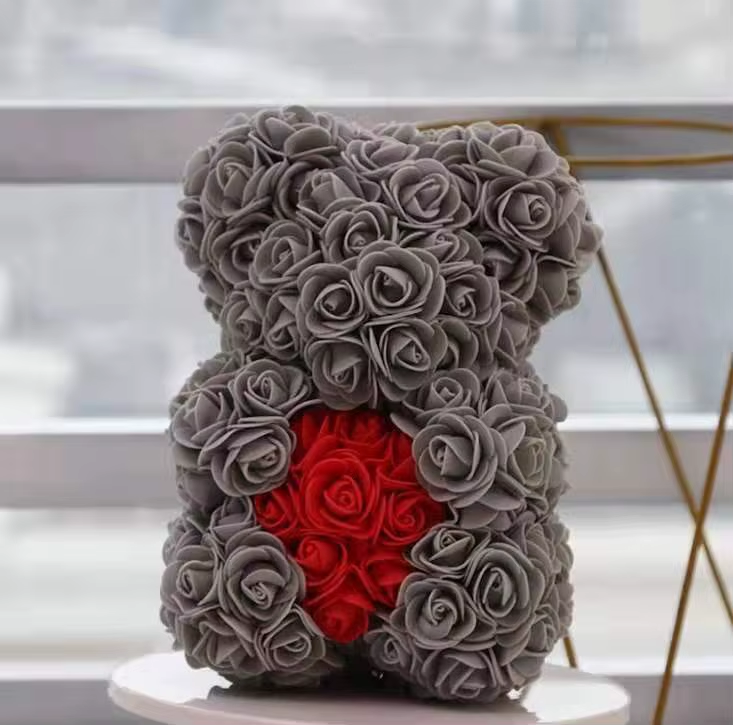Rose Flower Teddy Bear with Heart in Clear Gift Box - colour option