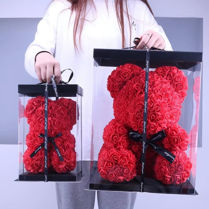 Rose Flower Teddy Bear with Heart in Clear Gift Box - shown to scale