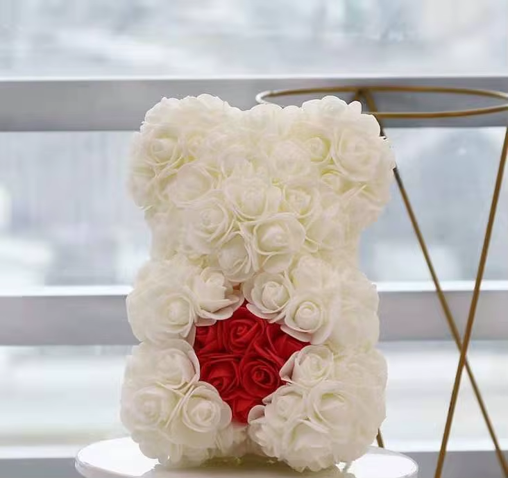Rose Flower Teddy Bear with Heart in Clear Gift Box - colour option