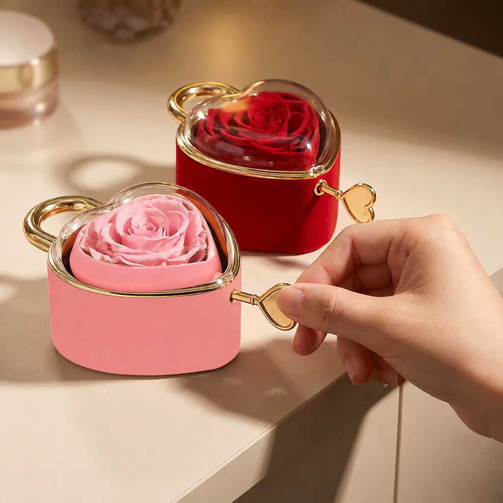 Heart Lock Rose Gift Box With Key and Rotating Jewelry Tray - in use
