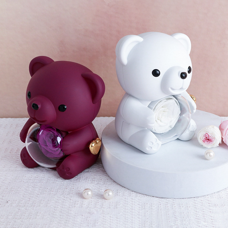 Rose Teddy Bear Keepsake Box with Clear Dome and Gift Bag