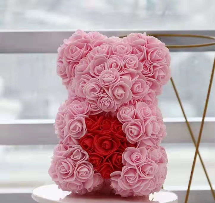 Rose Flower Teddy Bear with Heart in Clear Gift Box - colour option