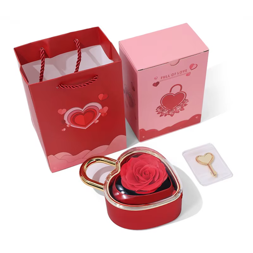 Heart Lock Rose Gift Box With Key and Rotating Jewelry Tray - colour option