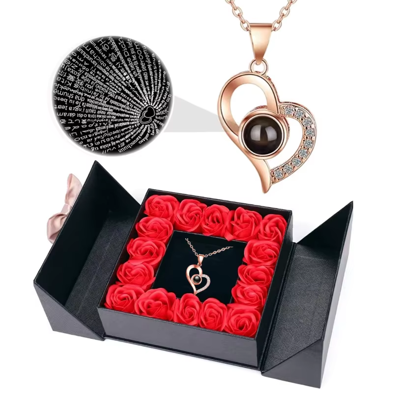 16-Rose Jewelry Gift Box with Heart Pendant Necklace