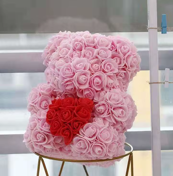 Rose Flower Teddy Bear with Heart in Clear Gift Box