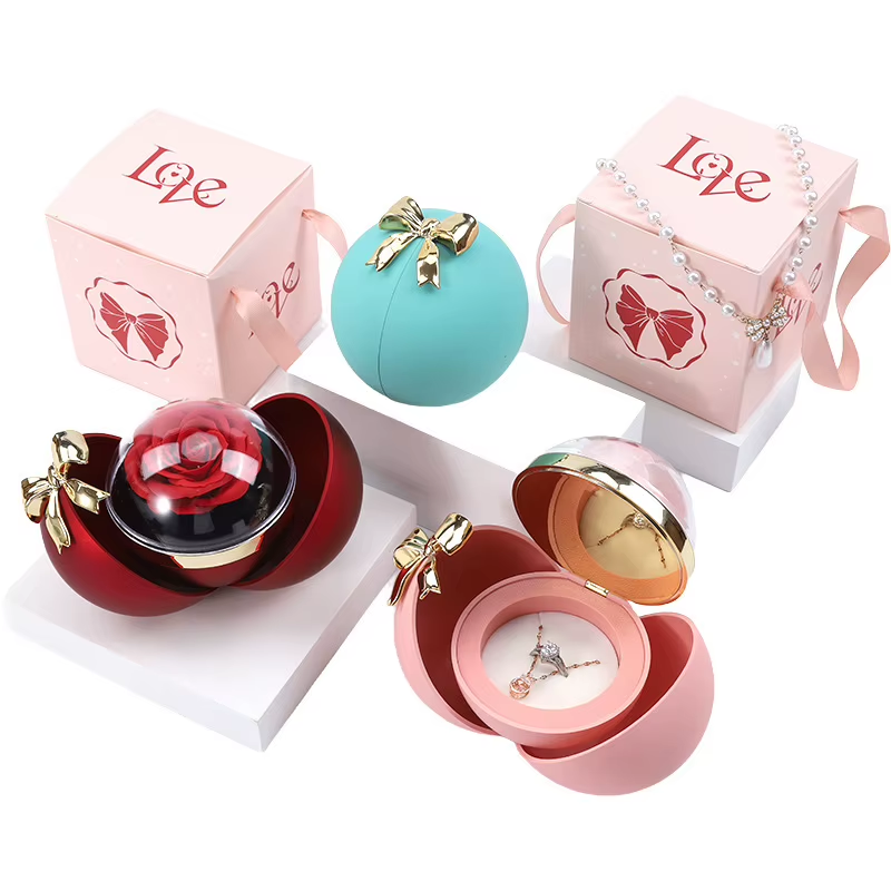 Rose Flower Ring Box with Petal Opening and Gift Box