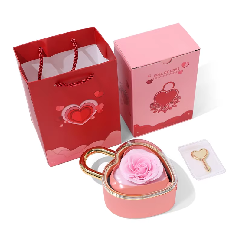 Heart Lock Rose Gift Box With Key and Rotating Jewelry Tray - colour option