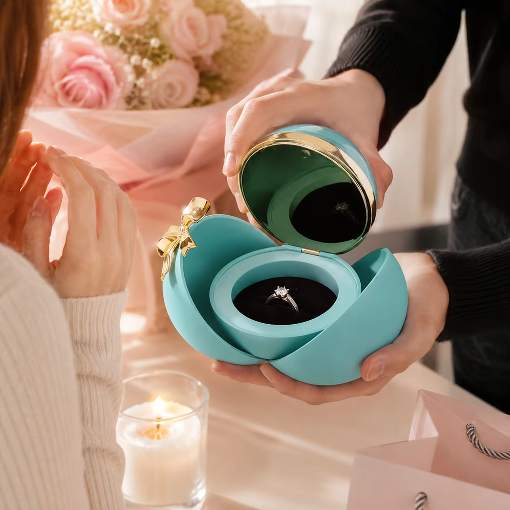 Rose Flower Ring Box with Petal Opening and Gift Box - in use