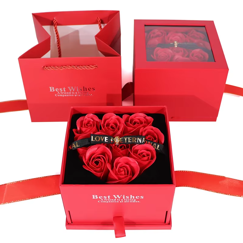 Heart rose gift box with its pull-out jewellery drawer open