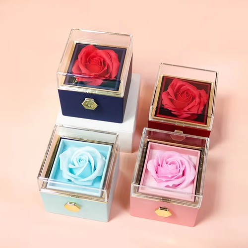 Rotating Rose Jewelry Gift Box With Clear Lid