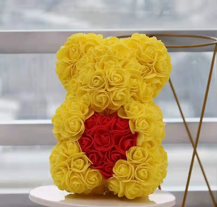 Rose Flower Teddy Bear with Heart in Clear Gift Box - colour option
