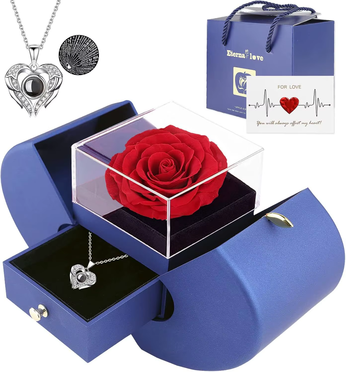 Apple-Shaped Rose Gift Box With Projection Heart Necklace - colour option