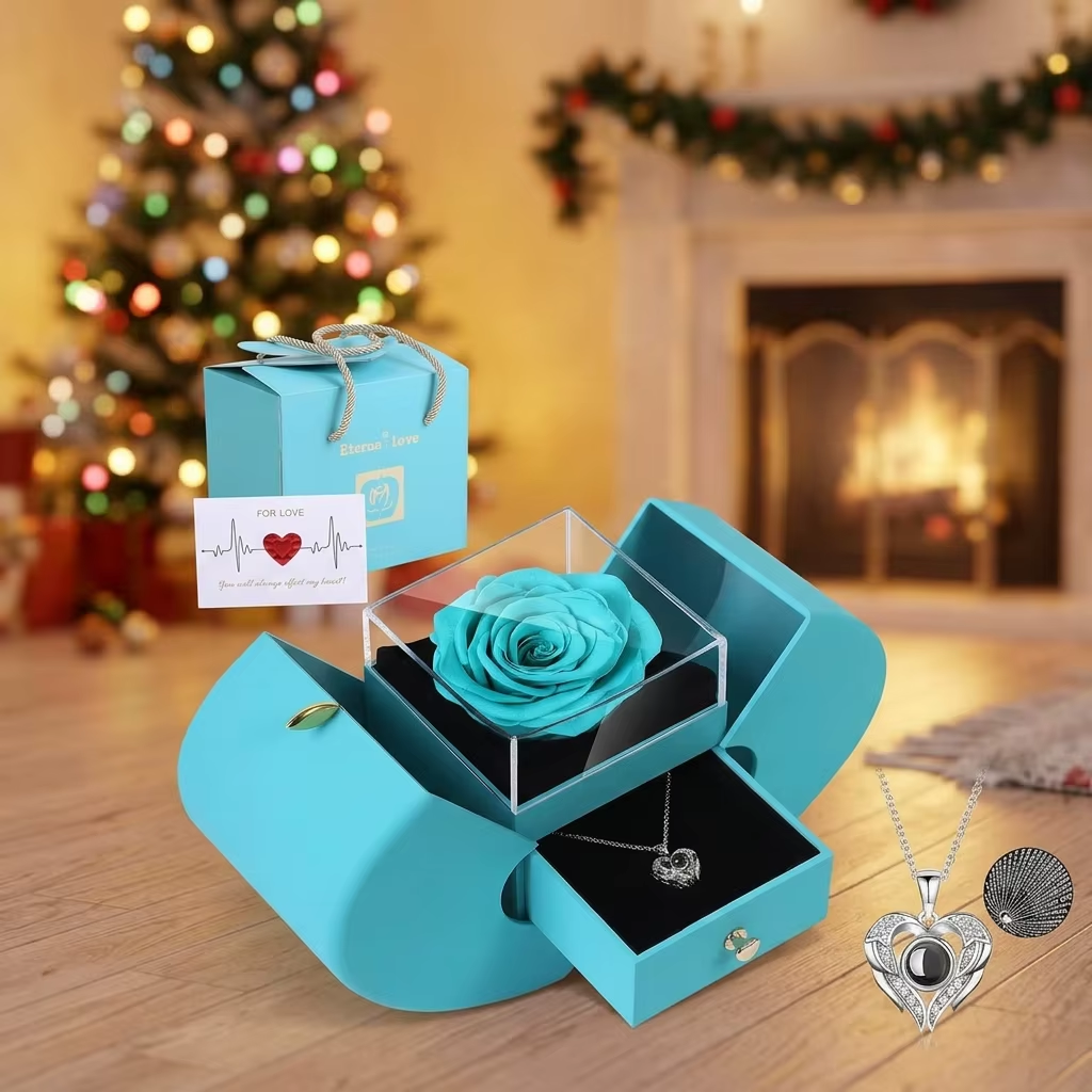 Apple-Shaped Rose Gift Box With Projection Heart Necklace - in use