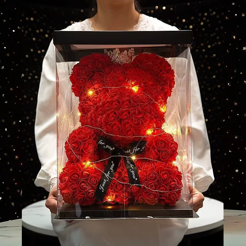 Rose Flower Teddy Bear with Heart in Clear Gift Box - in use