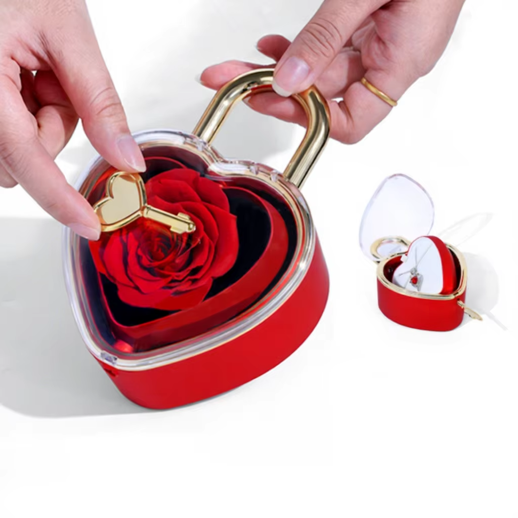 Heart Lock Rose Gift Box With Key and Rotating Jewelry Tray - shown to scale