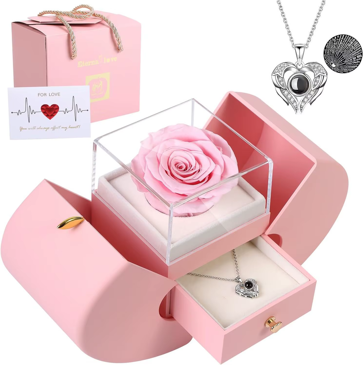 Apple-Shaped Rose Gift Box With Projection Heart Necklace - colour option