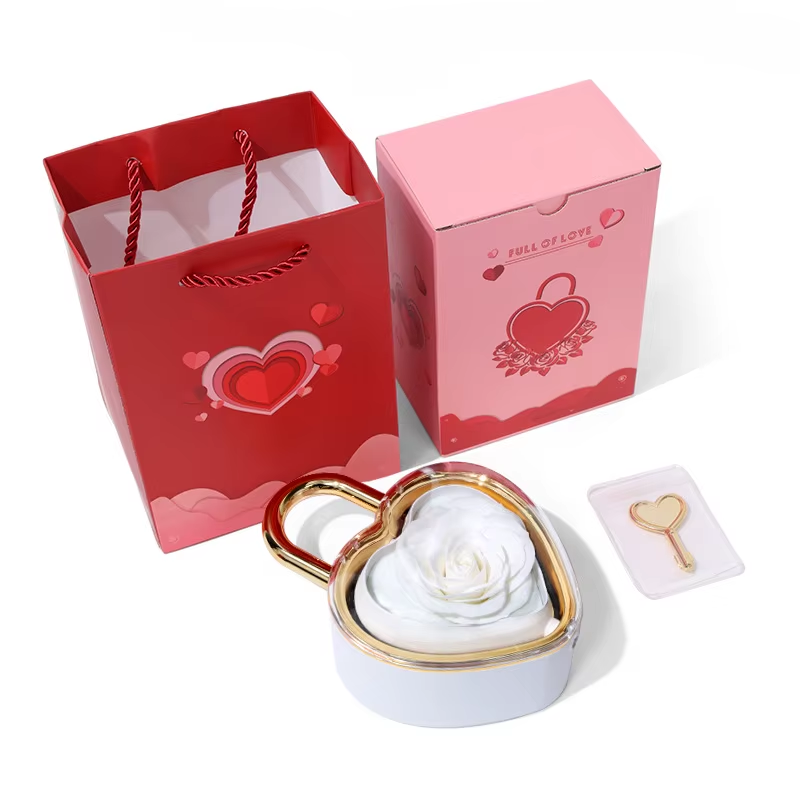 Heart Lock Rose Gift Box With Key and Rotating Jewelry Tray - colour option