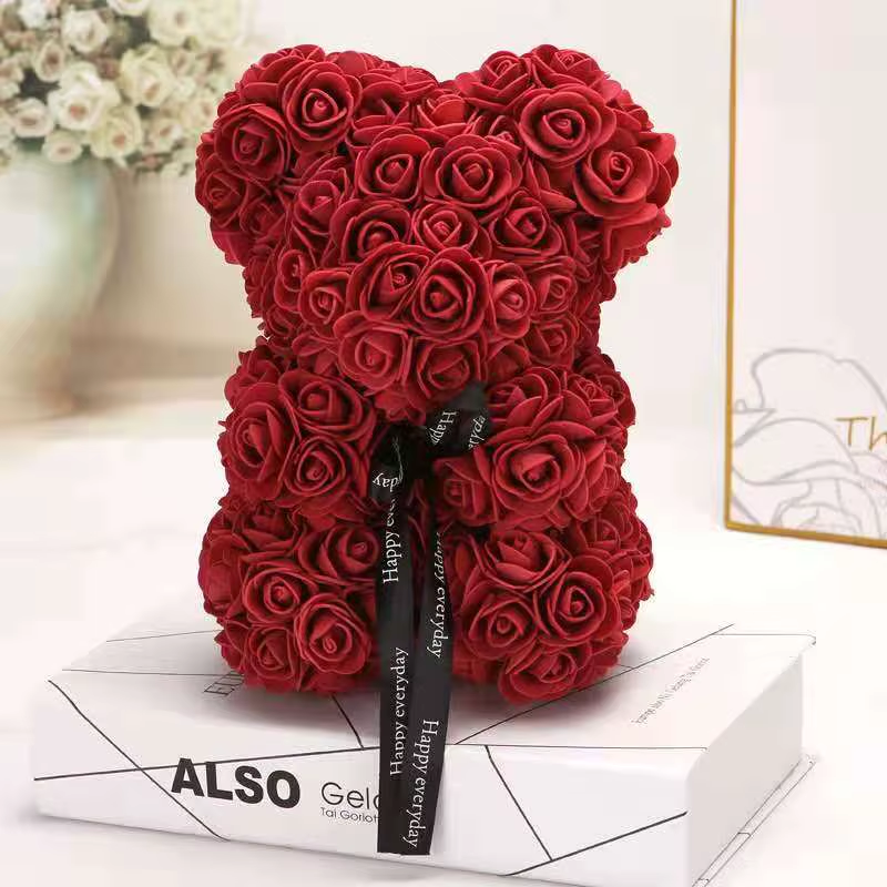 Rose Flower Teddy Bear with Heart in Clear Gift Box - colour option