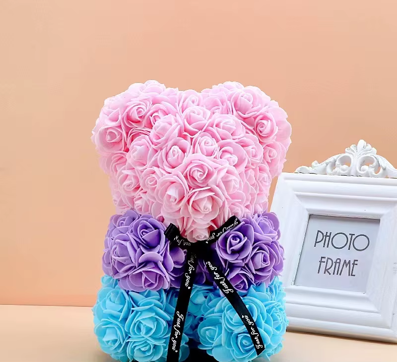 Rose Flower Teddy Bear with Heart in Clear Gift Box - colour option