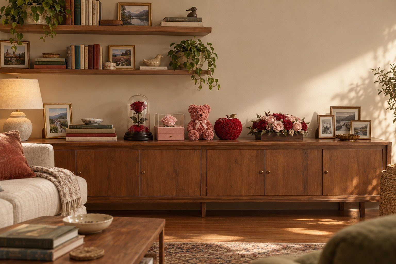 A living room console holding rose keepsake boxes, a rose bear and framed photographs
